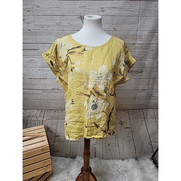 Bellambia Blouse Women’s Sz S Linen Yellow Floral‎ Pattern Short Sleeve Italy - Picture 1 of 8